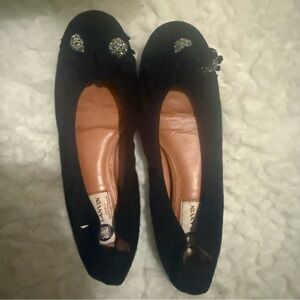 LANVIN Black Suede Jewel Embellished Tassel Stretch Collar Ballet Flats
